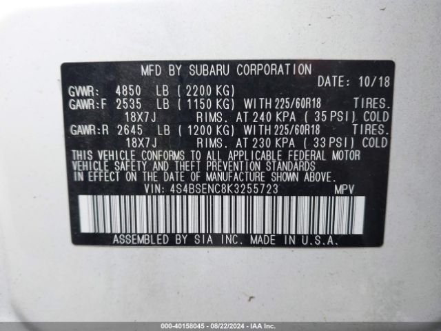 Photo 8 VIN: 4S4BSENC8K3255723 - SUBARU OUTBACK 