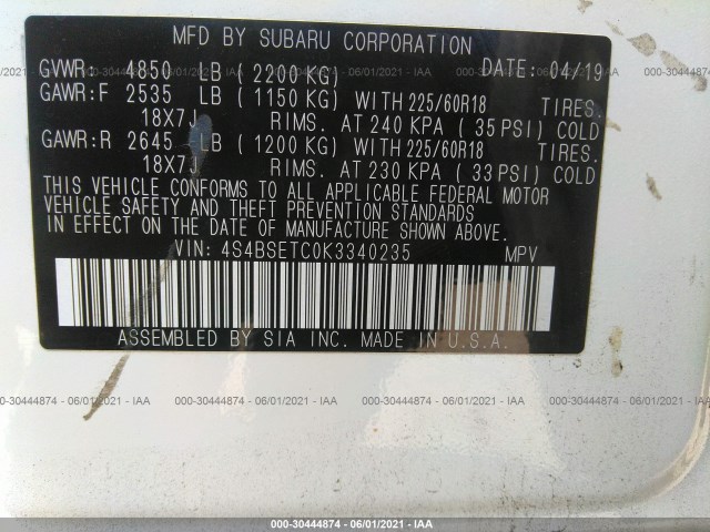 Photo 8 VIN: 4S4BSETC0K3340235 - SUBARU OUTBACK 