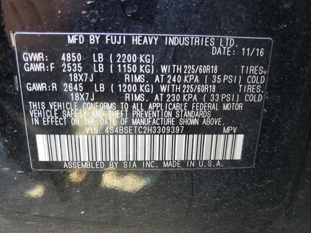 Photo 12 VIN: 4S4BSETC2H3309397 - SUBARU OUTBACK 