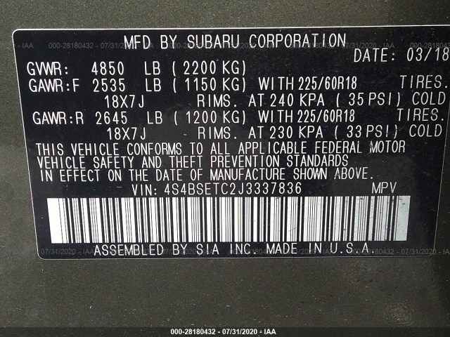 Photo 8 VIN: 4S4BSETC2J3337836 - SUBARU OUTBACK 