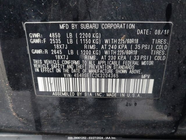 Photo 8 VIN: 4S4BSETC2K3204365 - SUBARU OUTBACK 