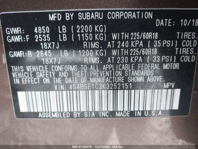 Photo 8 VIN: 4S4BSETC3K3252151 - SUBARU OUTBACK 