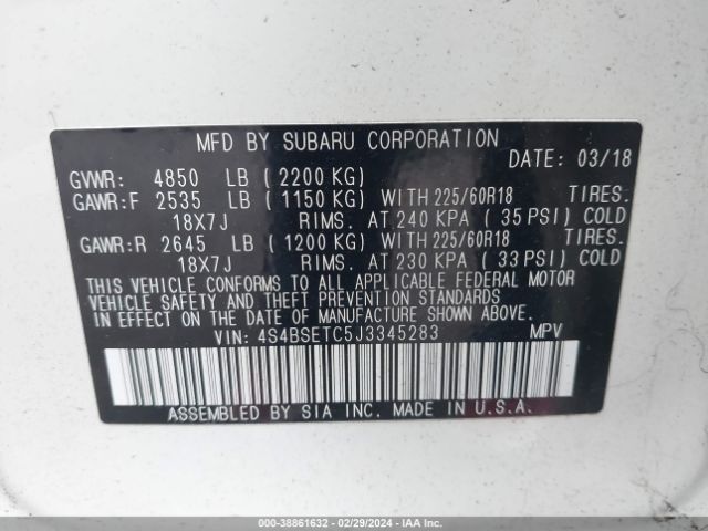 Photo 8 VIN: 4S4BSETC5J3345283 - SUBARU OUTBACK 