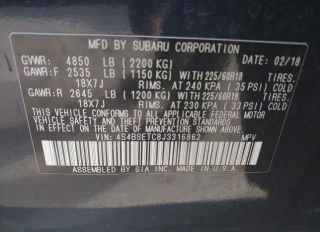 Photo 8 VIN: 4S4BSETC8J3316862 - SUBARU OUTBACK 