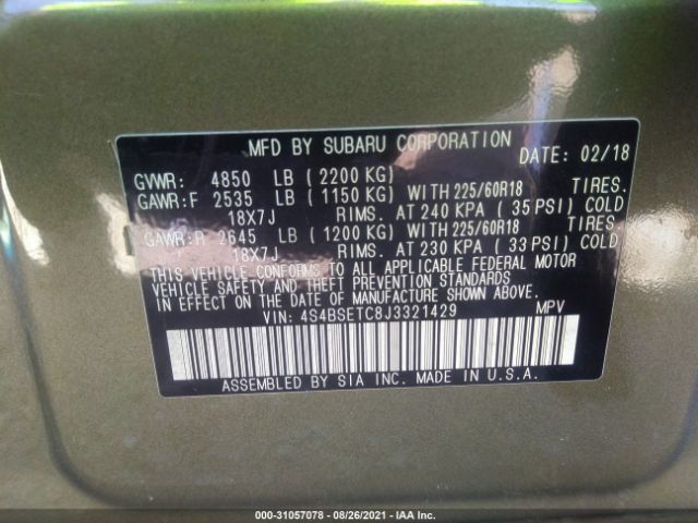 Photo 8 VIN: 4S4BSETC8J3321429 - SUBARU OUTBACK 