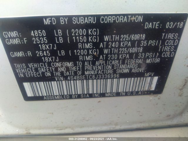 Photo 8 VIN: 4S4BSETC8J3336996 - SUBARU OUTBACK 