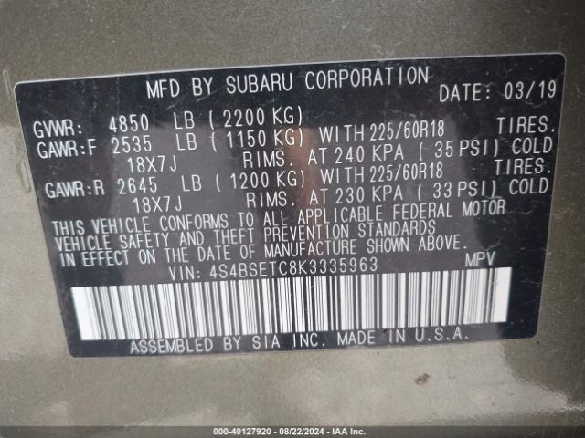 Photo 8 VIN: 4S4BSETC8K3335963 - SUBARU OUTBACK 