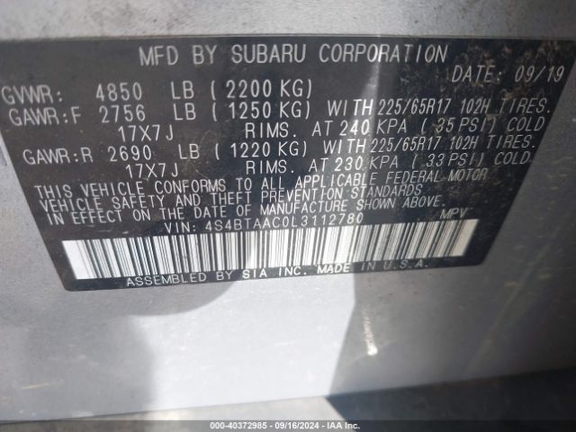 Photo 8 VIN: 4S4BTAAC0L3112780 - SUBARU OUTBACK 