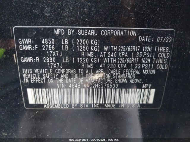 Photo 8 VIN: 4S4BTAAC2N3270539 - SUBARU OUTBACK 