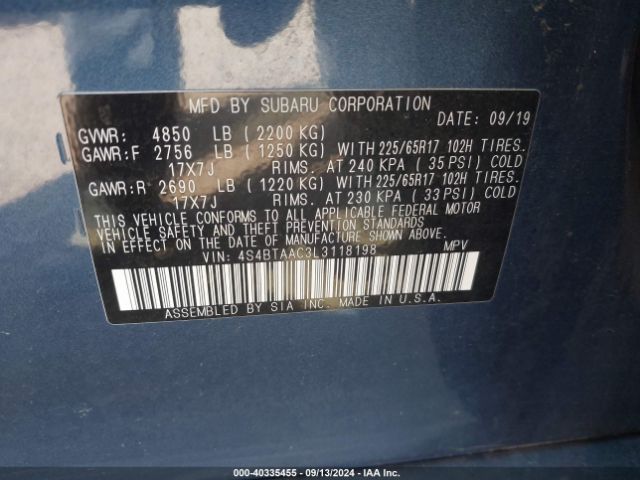 Photo 8 VIN: 4S4BTAAC3L3118198 - SUBARU OUTBACK 