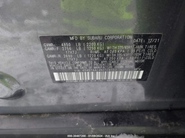 Photo 8 VIN: 4S4BTAAC4N3174153 - SUBARU OUTBACK 