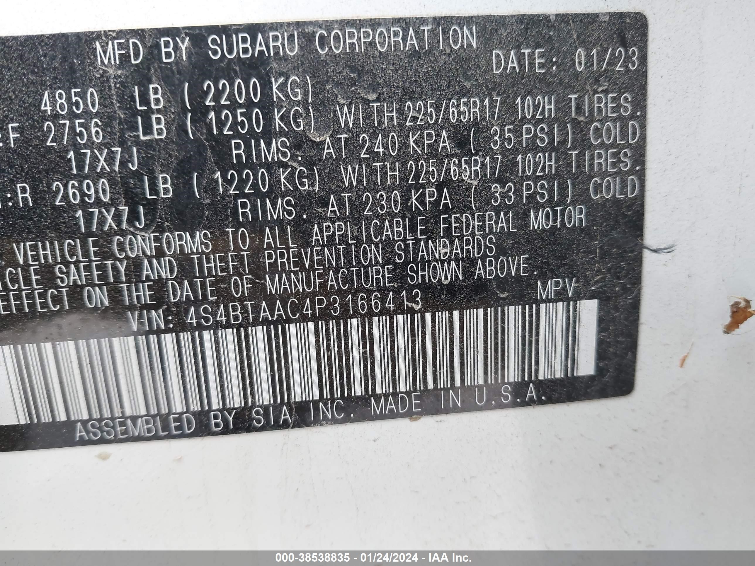 Photo 8 VIN: 4S4BTAAC4P3166413 - SUBARU OUTBACK 