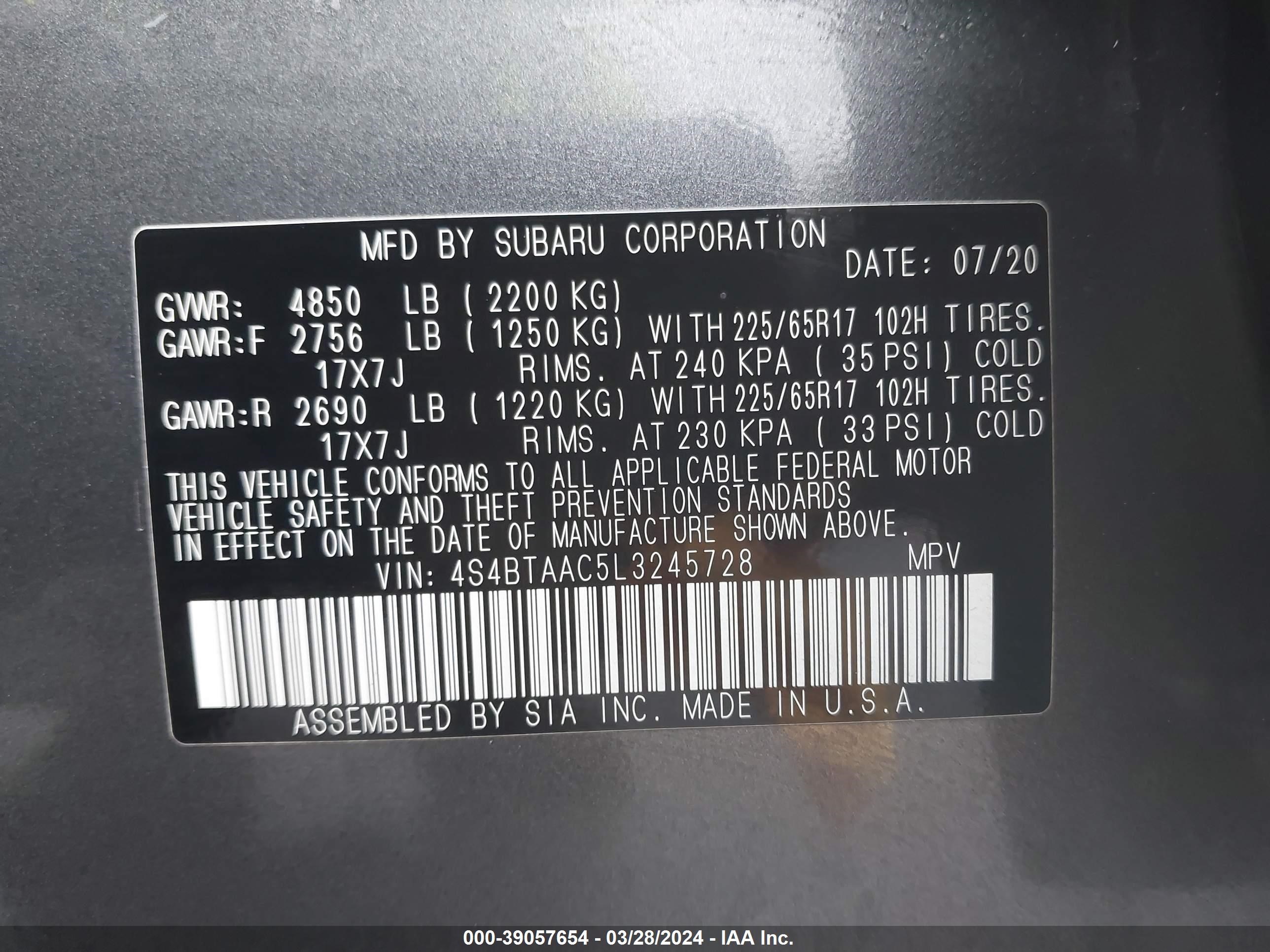 Photo 8 VIN: 4S4BTAAC5L3245728 - SUBARU OUTBACK 