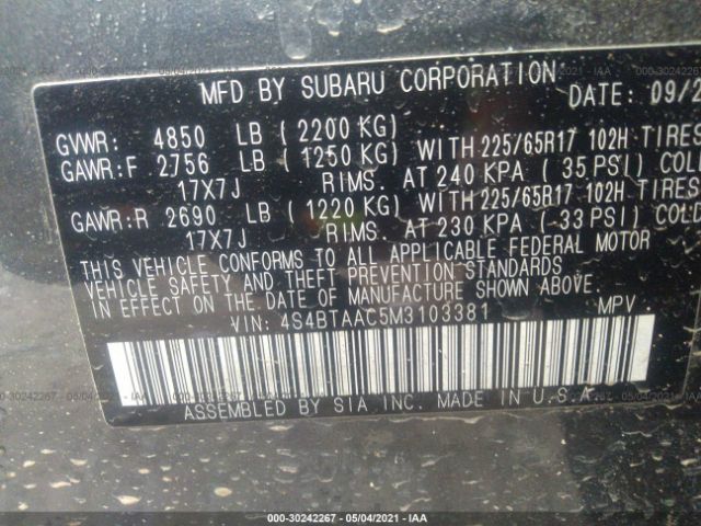 Photo 8 VIN: 4S4BTAAC5M3103381 - SUBARU OUTBACK 