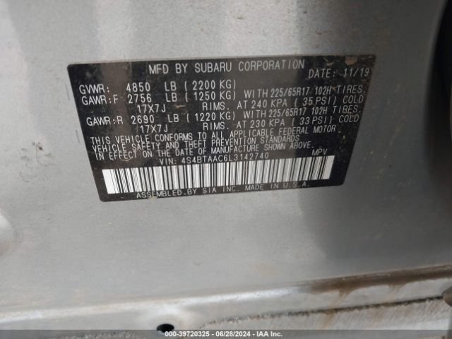 Photo 8 VIN: 4S4BTAAC6L3142740 - SUBARU OUTBACK 