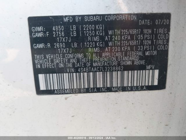 Photo 8 VIN: 4S4BTAAC7L3238862 - SUBARU OUTBACK 