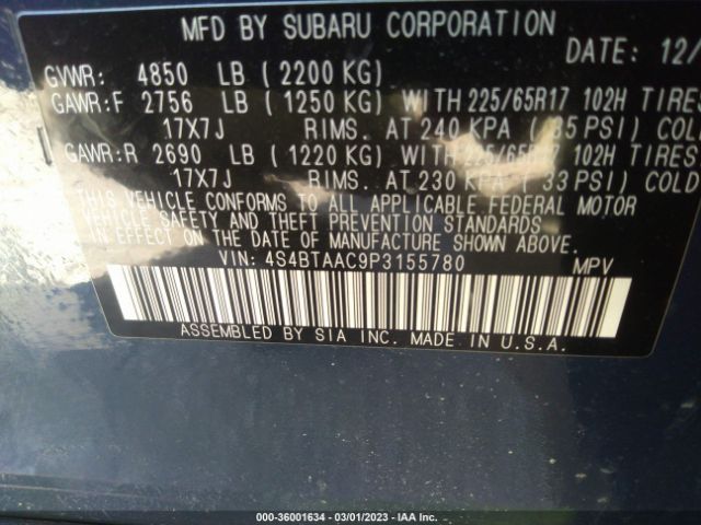 Photo 8 VIN: 4S4BTAAC9P3155780 - SUBARU OUTBACK 