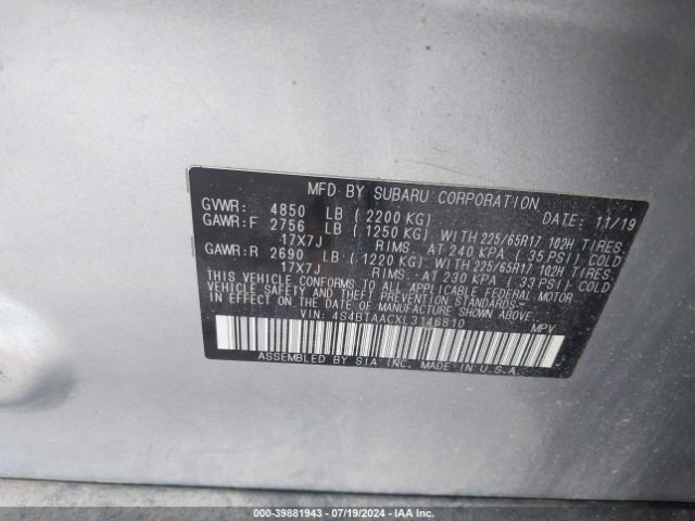 Photo 8 VIN: 4S4BTAACXL3146810 - SUBARU OUTBACK 