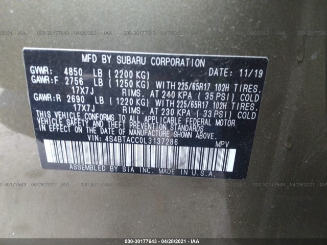 Photo 8 VIN: 4S4BTACC0L3137286 - SUBARU OUTBACK 