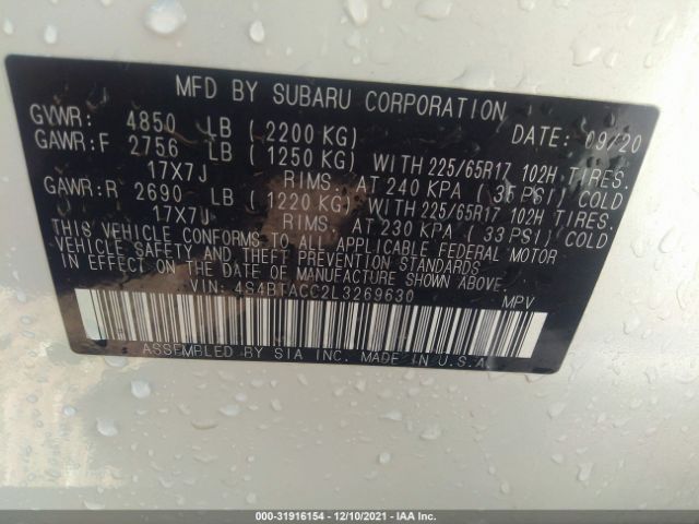 Photo 8 VIN: 4S4BTACC2L3269630 - SUBARU OUTBACK 