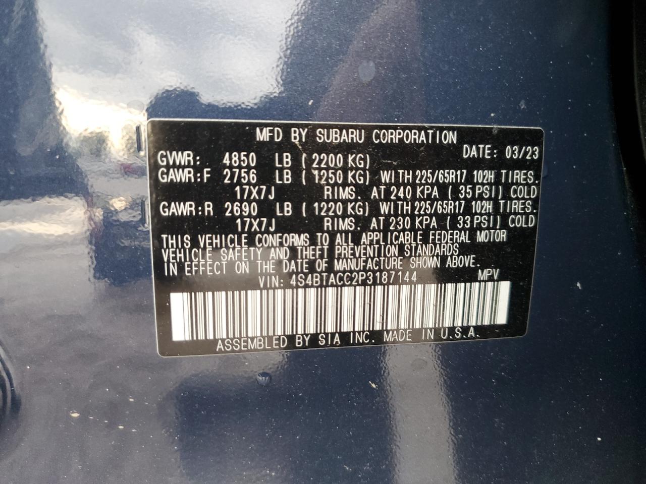 Photo 11 VIN: 4S4BTACC2P3187144 - SUBARU OUTBACK PR 