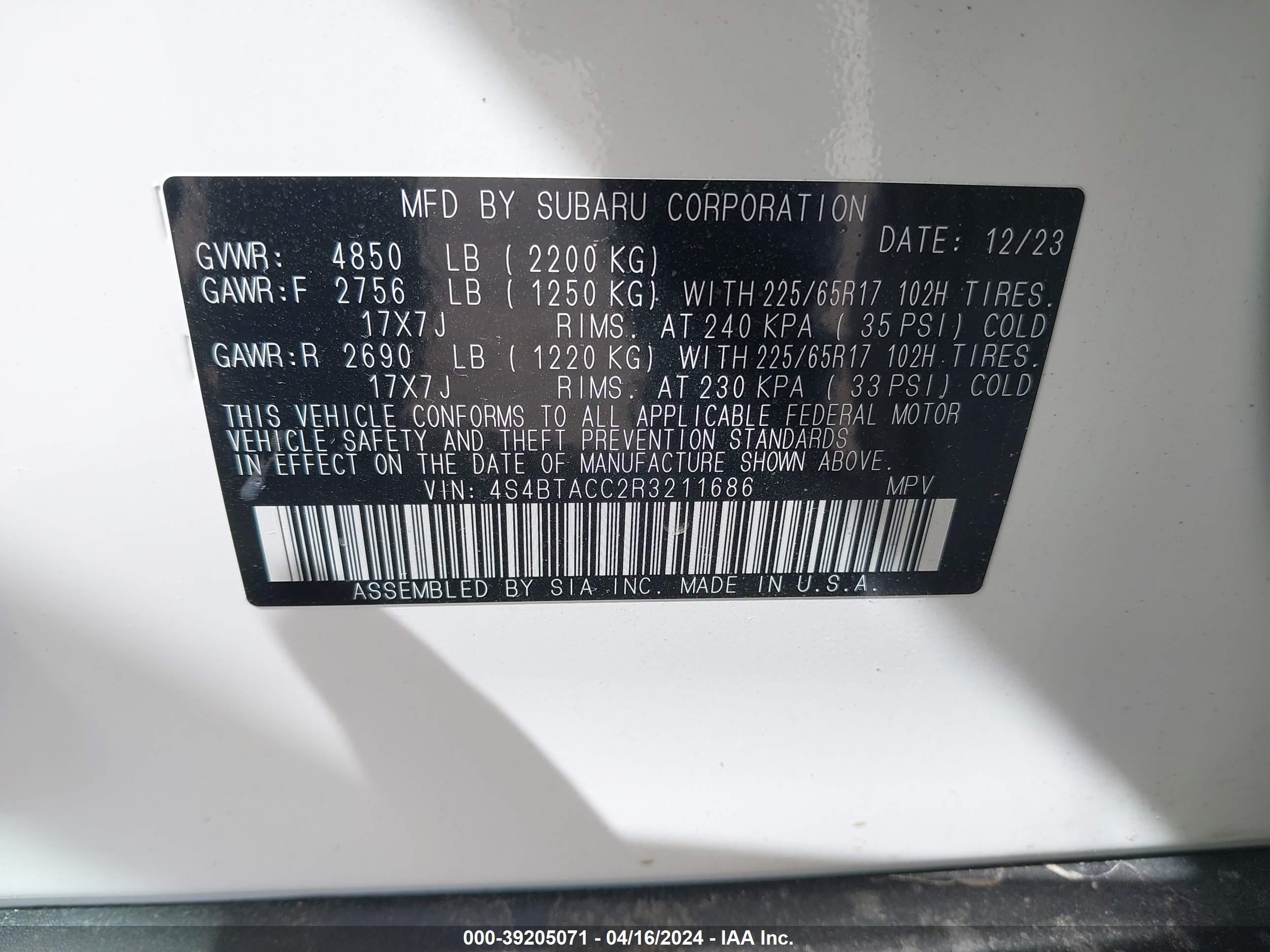 Photo 8 VIN: 4S4BTACC2R3211686 - SUBARU OUTBACK 