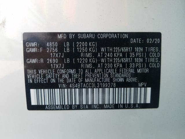 Photo 9 VIN: 4S4BTACC3L3199278 - SUBARU OUTBACK 