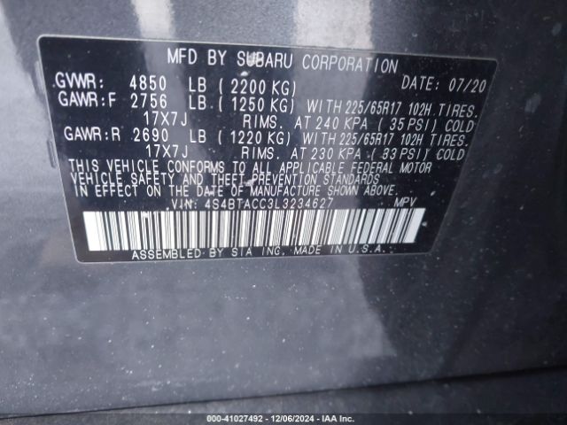 Photo 8 VIN: 4S4BTACC3L3234627 - SUBARU OUTBACK 