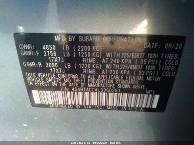 Photo 8 VIN: 4S4BTACC4L3260251 - SUBARU OUTBACK 