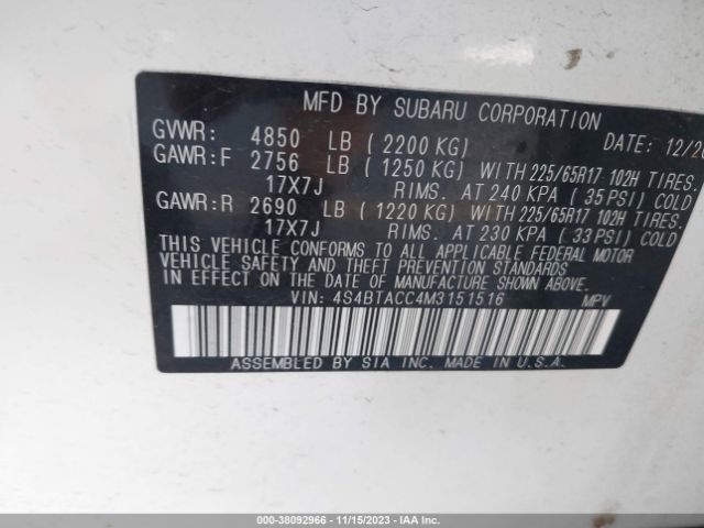 Photo 8 VIN: 4S4BTACC4M3151516 - SUBARU OUTBACK 