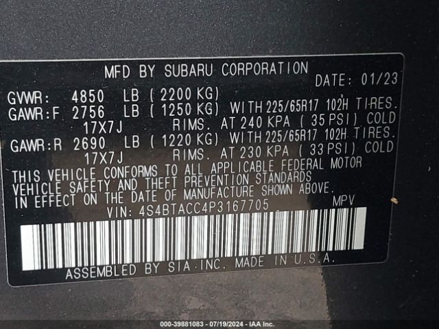 Photo 8 VIN: 4S4BTACC4P3167705 - SUBARU OUTBACK 