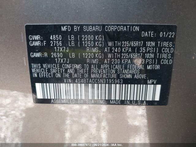 Photo 8 VIN: 4S4BTACC5N3195963 - SUBARU OUTBACK 