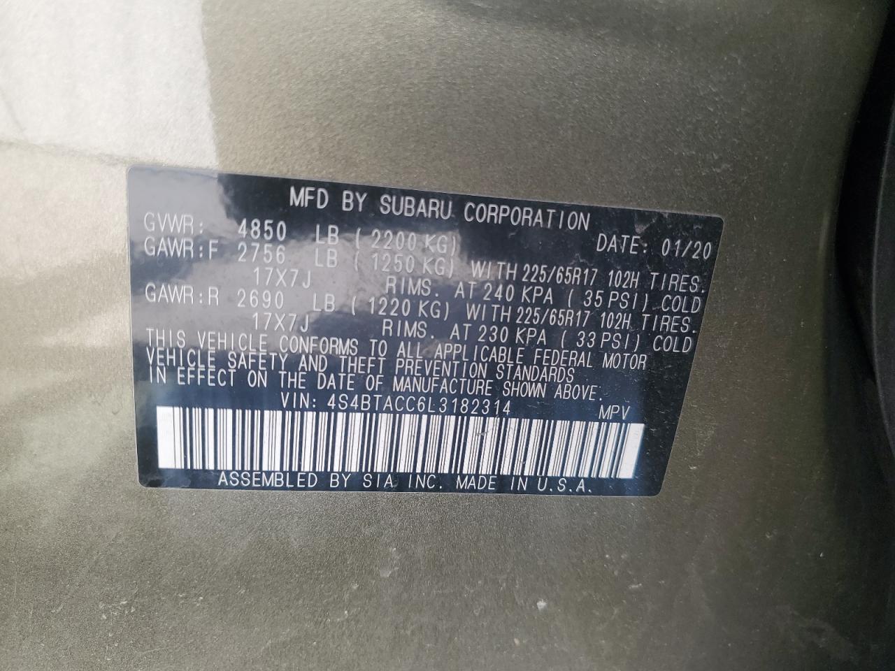 Photo 11 VIN: 4S4BTACC6L3182314 - SUBARU OUTBACK 