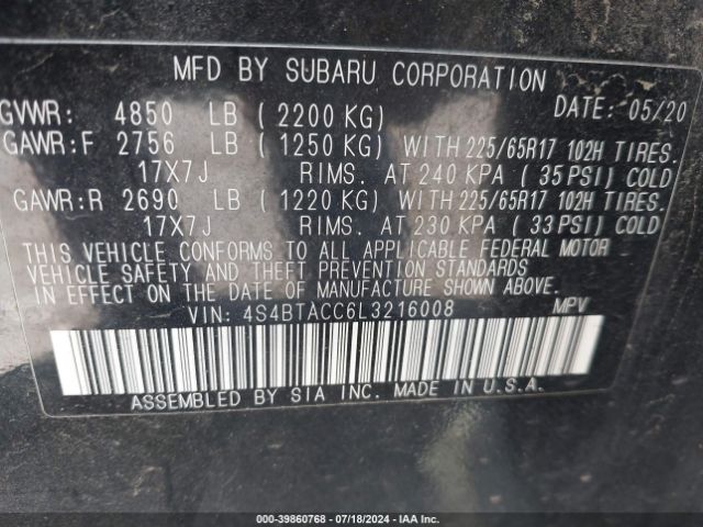 Photo 8 VIN: 4S4BTACC6L3216008 - SUBARU OUTBACK 