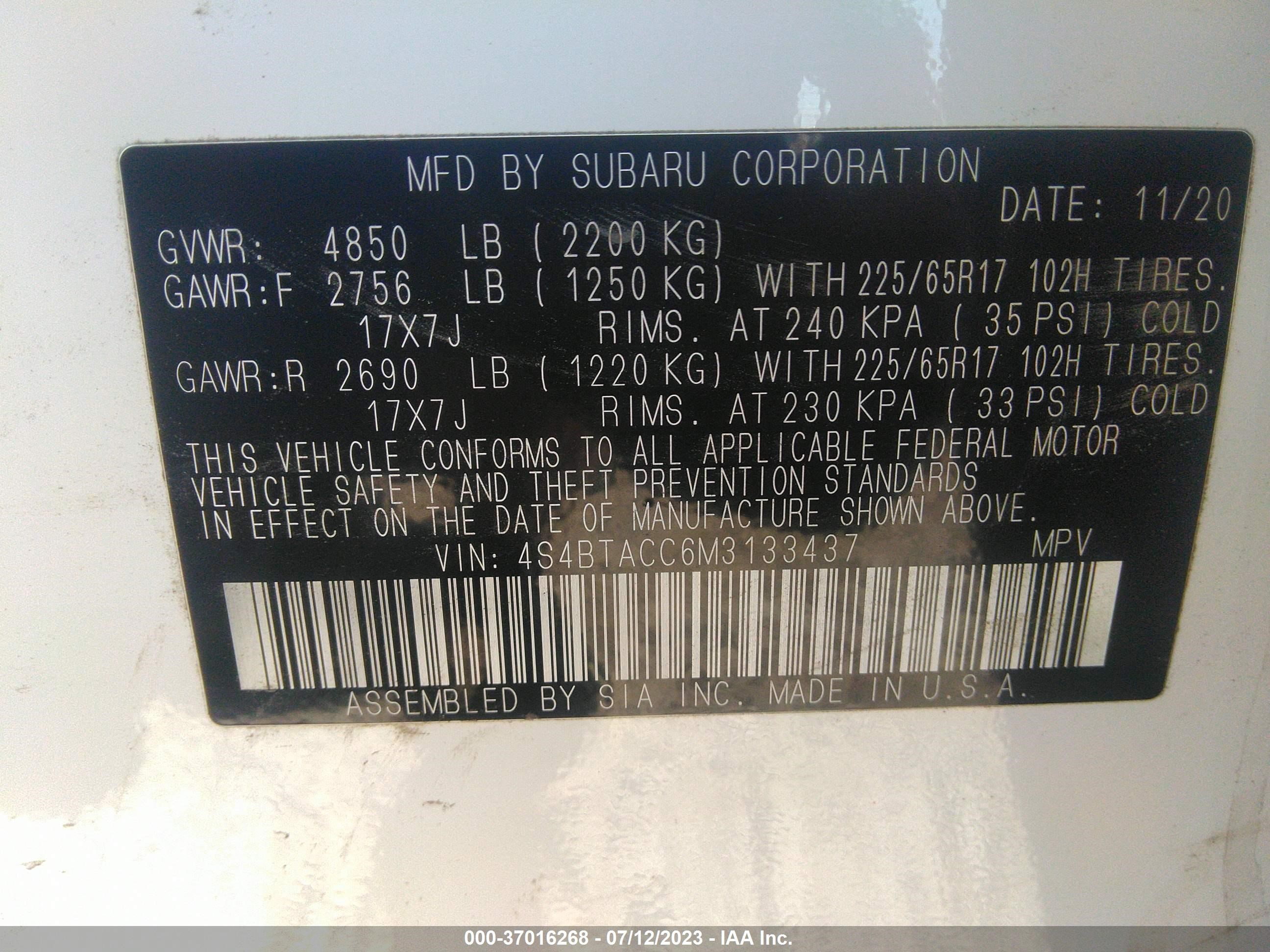 Photo 8 VIN: 4S4BTACC6M3133437 - SUBARU OUTBACK 