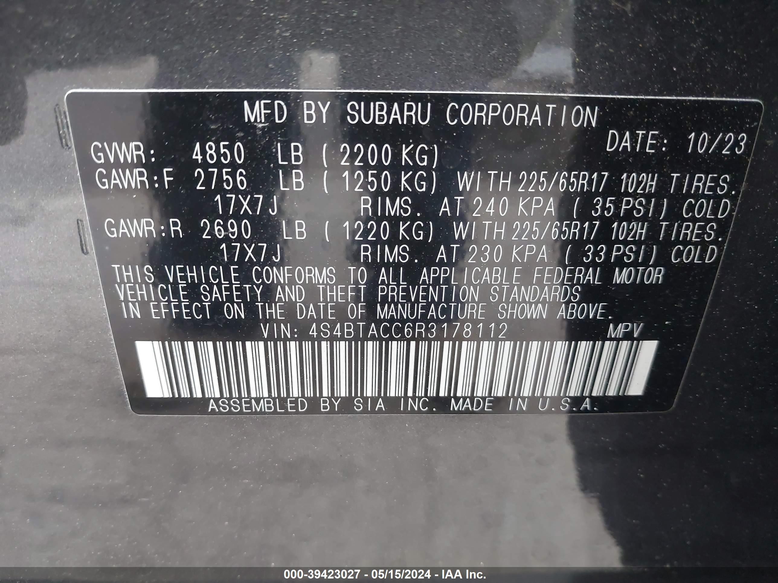 Photo 8 VIN: 4S4BTACC6R3178112 - SUBARU OUTBACK 