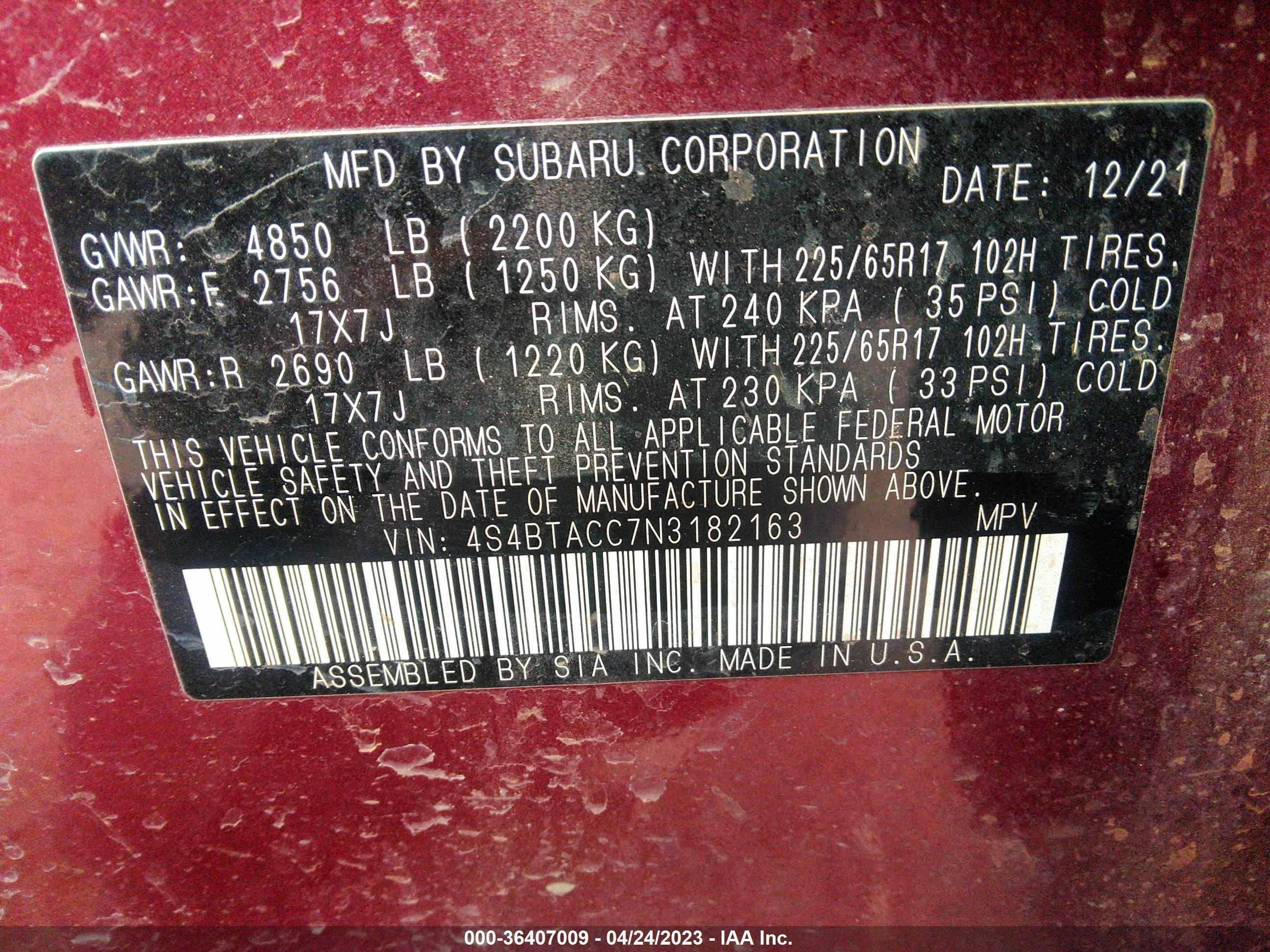 Photo 8 VIN: 4S4BTACC7N3182163 - SUBARU OUTBACK 