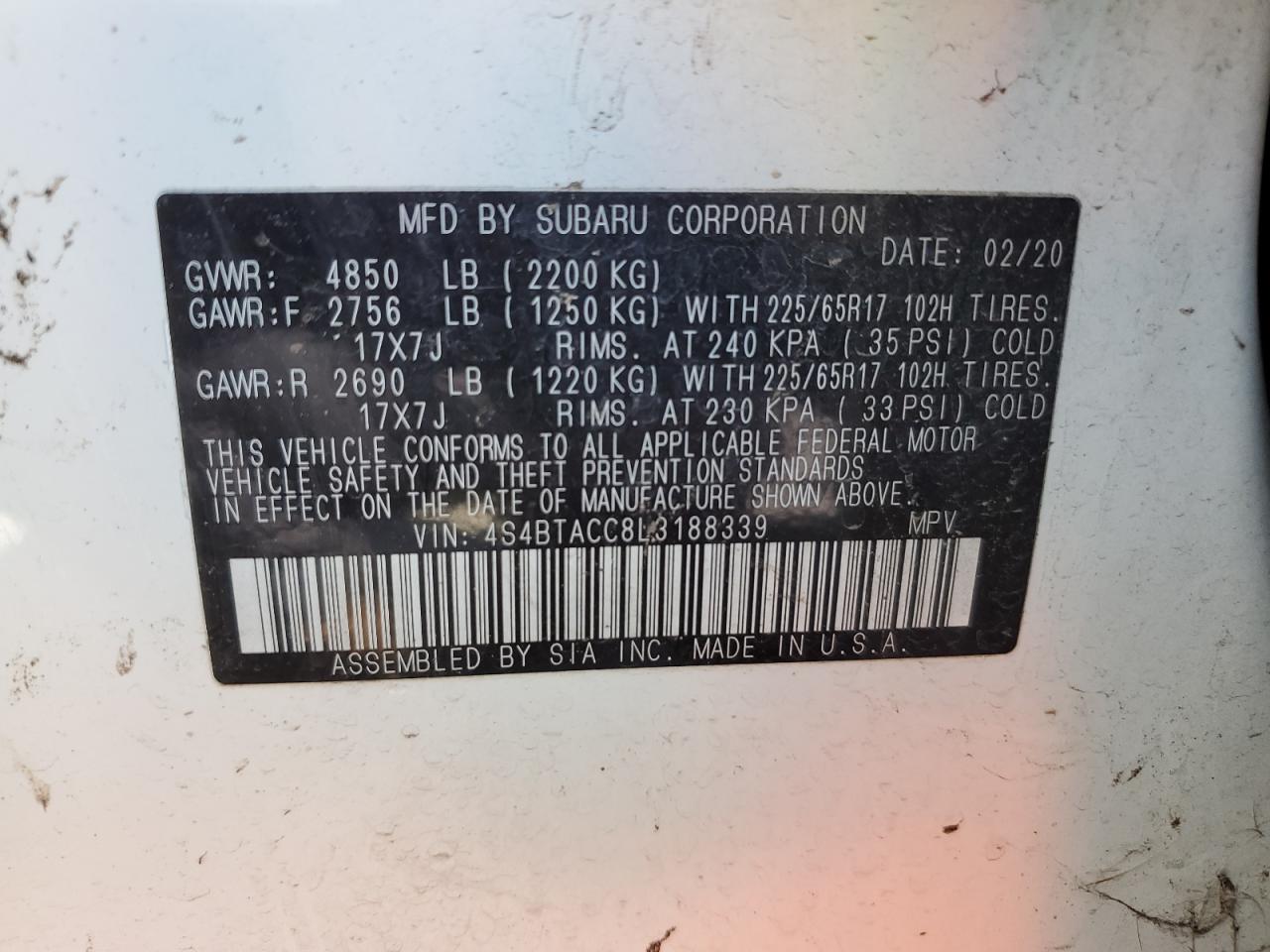 Photo 11 VIN: 4S4BTACC8L3188339 - SUBARU OUTBACK 