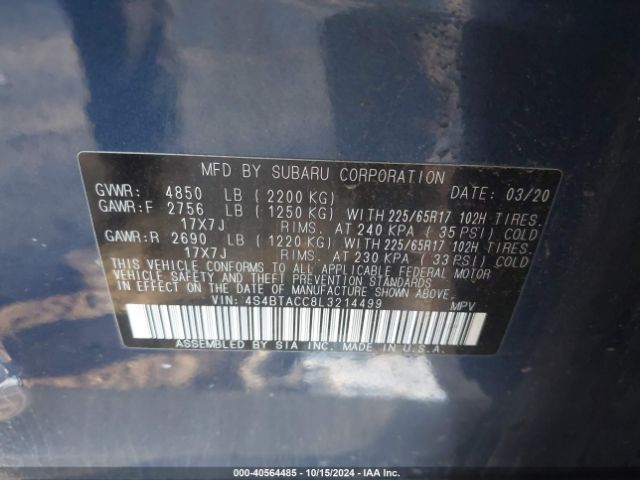 Photo 8 VIN: 4S4BTACC8L3214499 - SUBARU OUTBACK 