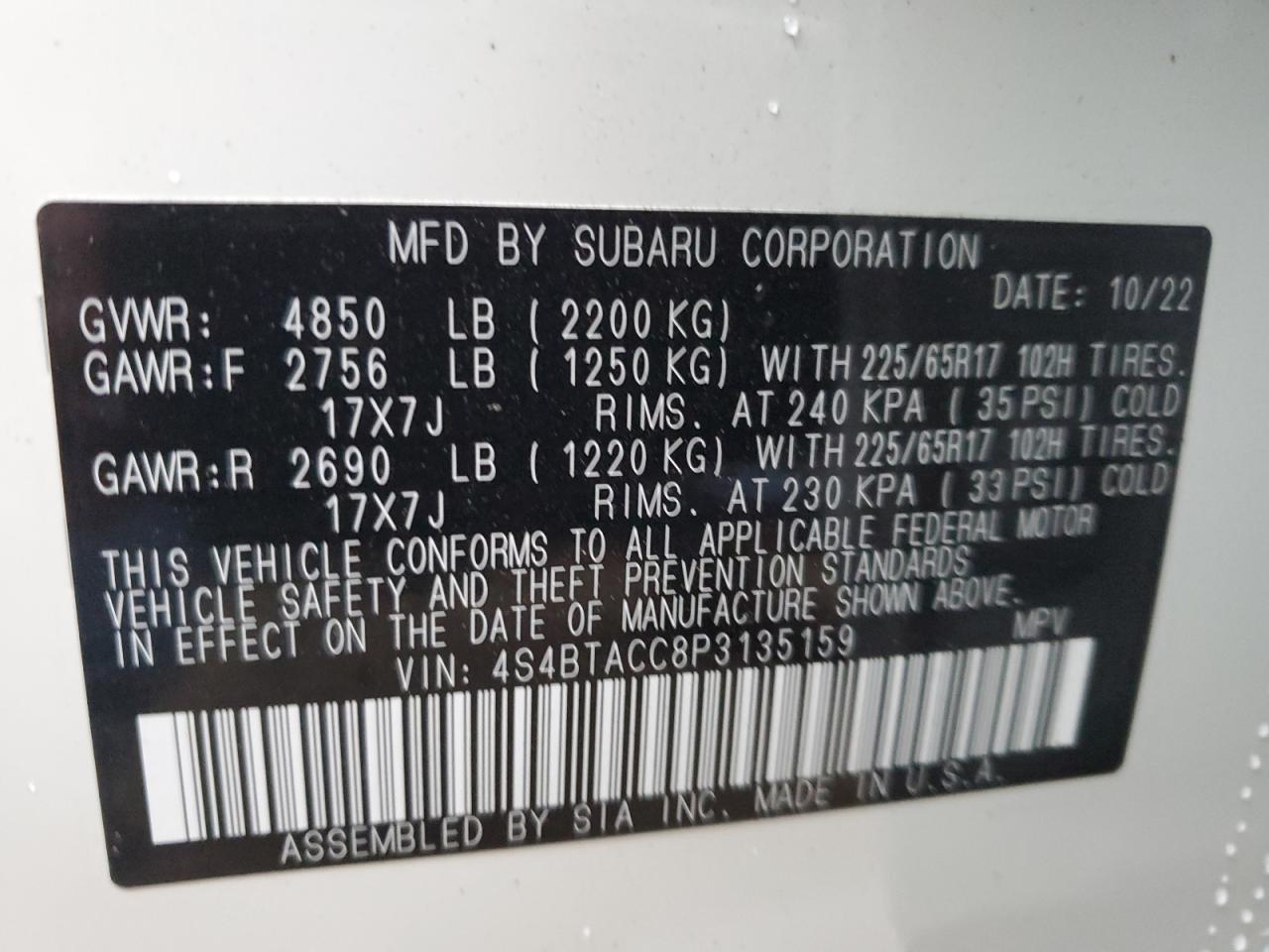 Photo 13 VIN: 4S4BTACC8P3135159 - SUBARU OUTBACK 