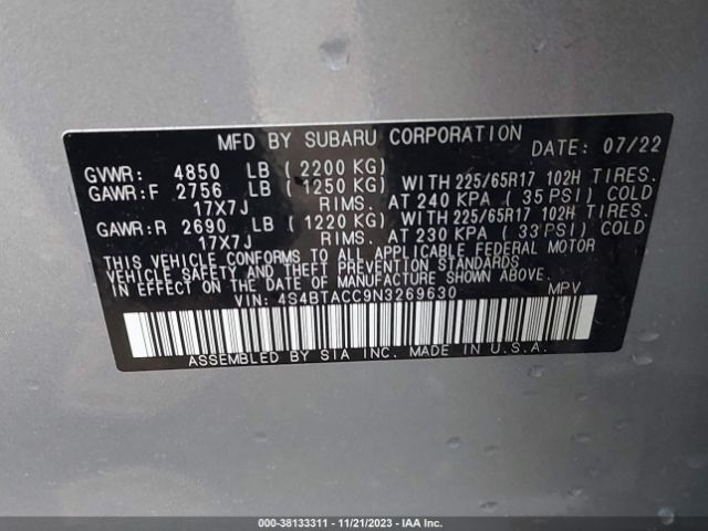 Photo 8 VIN: 4S4BTACC9N3269630 - SUBARU OUTBACK 