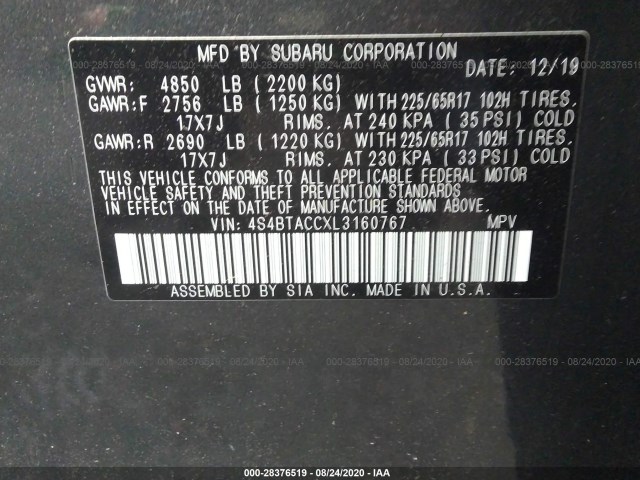 Photo 8 VIN: 4S4BTACCXL3160767 - SUBARU OUTBACK 