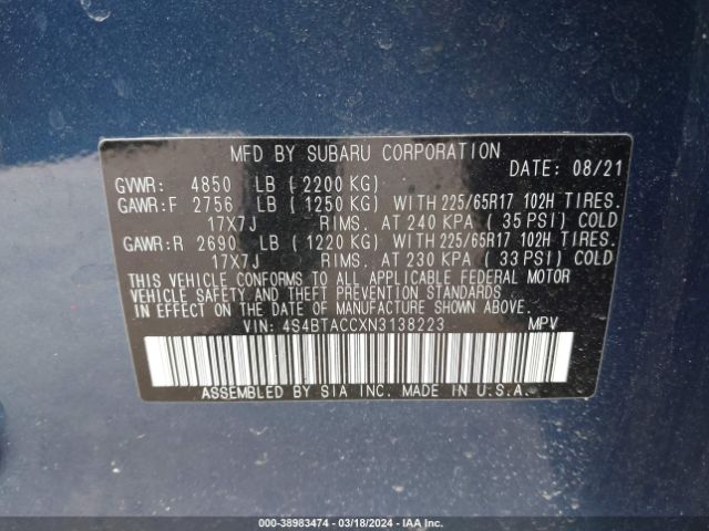 Photo 8 VIN: 4S4BTACCXN3138223 - SUBARU OUTBACK 