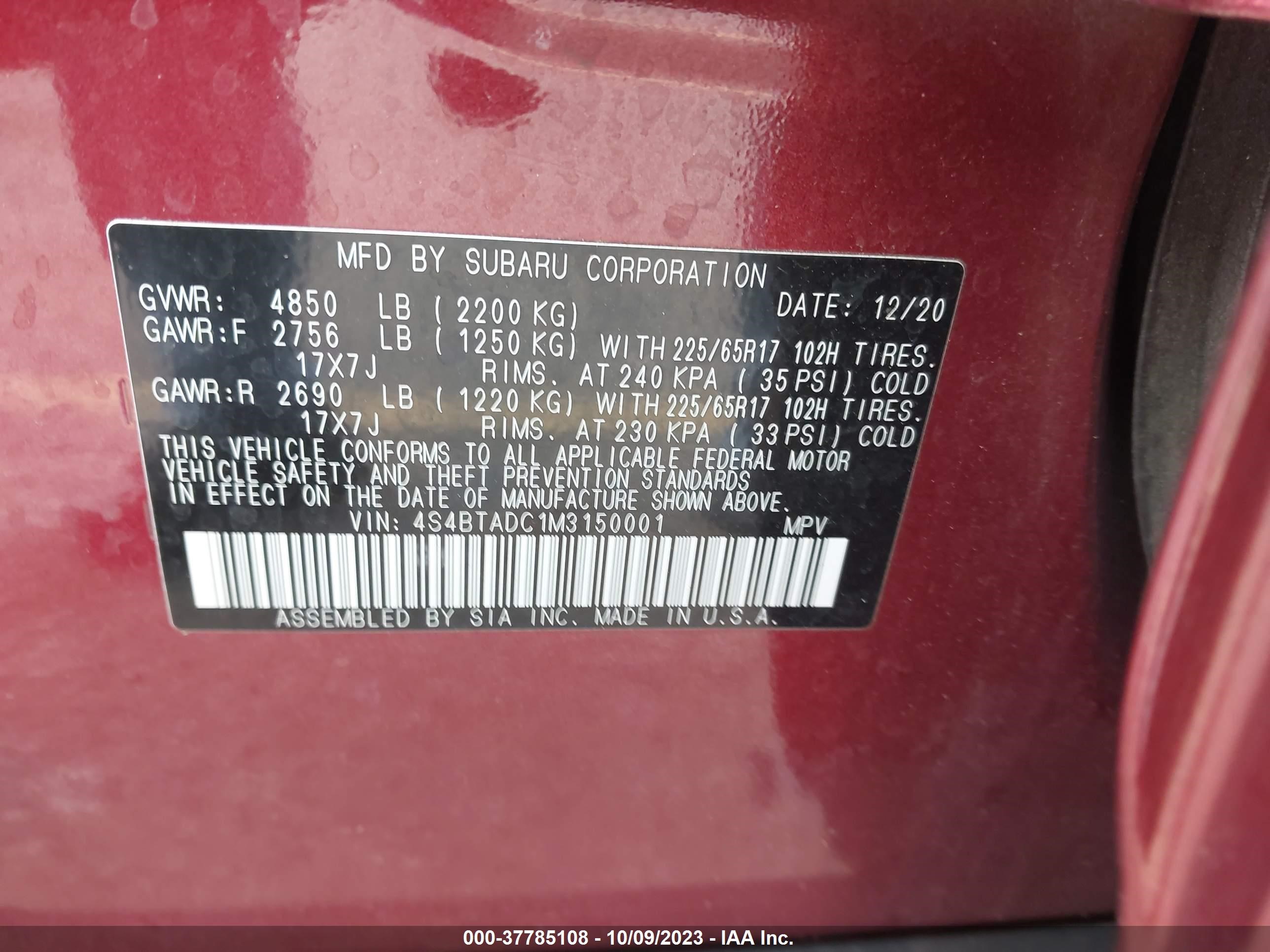 Photo 8 VIN: 4S4BTADC1M3150001 - SUBARU OUTBACK 