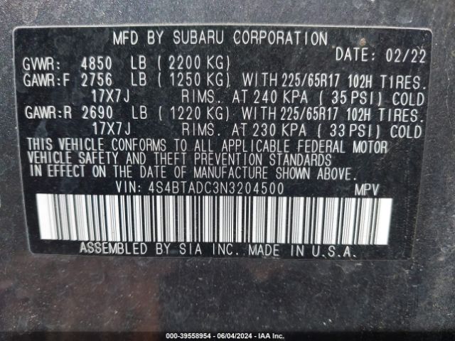 Photo 8 VIN: 4S4BTADC3N3204500 - SUBARU OUTBACK 