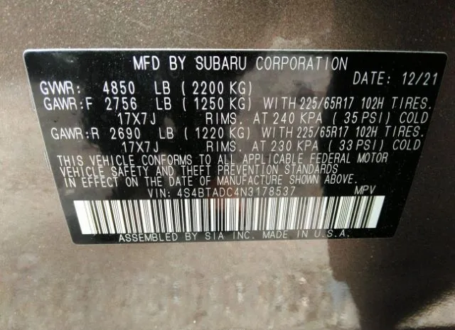 Photo 8 VIN: 4S4BTADC4N3178537 - SUBARU OUTBACK 