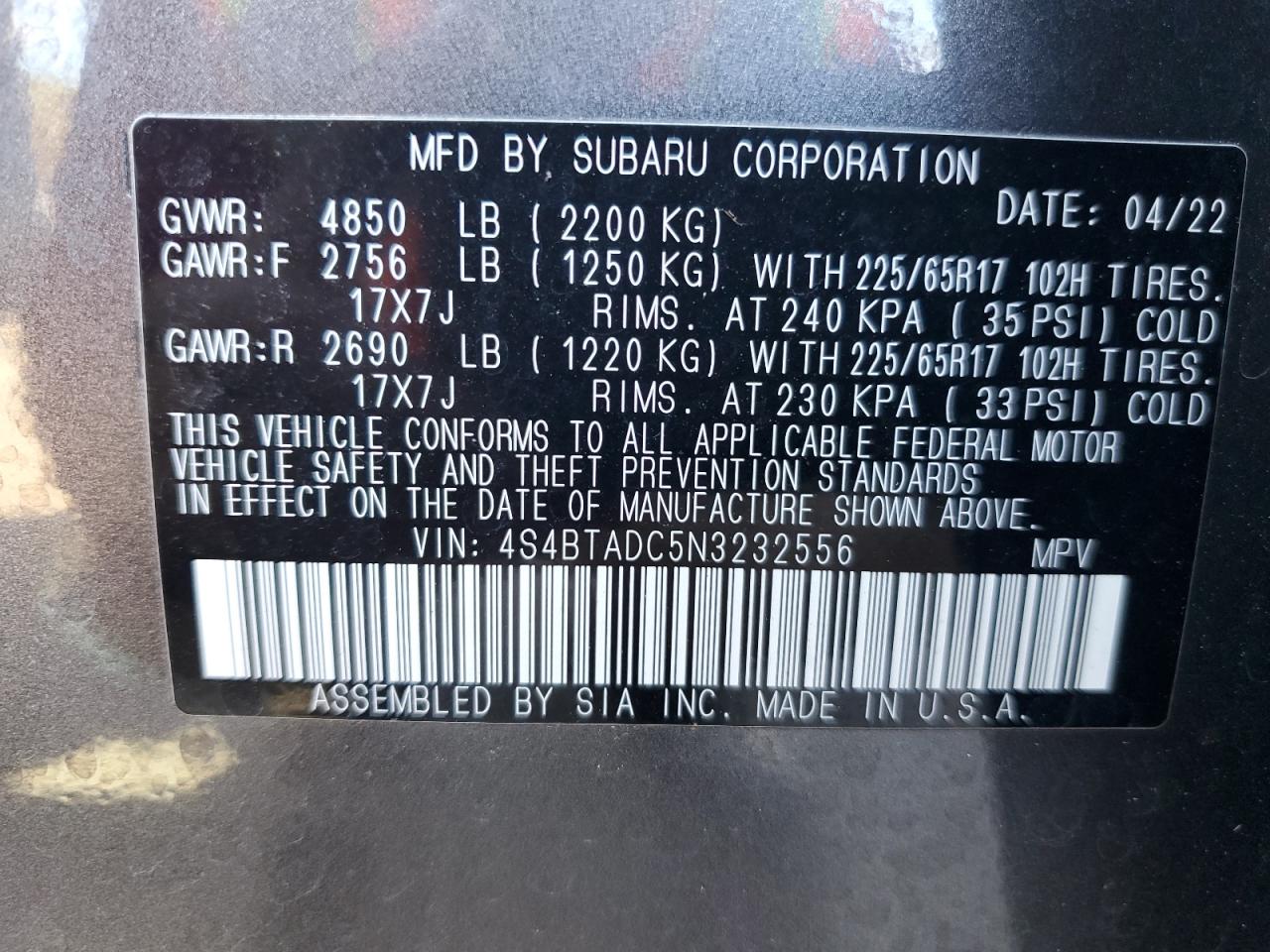 Photo 11 VIN: 4S4BTADC5N3232556 - SUBARU OUTBACK 