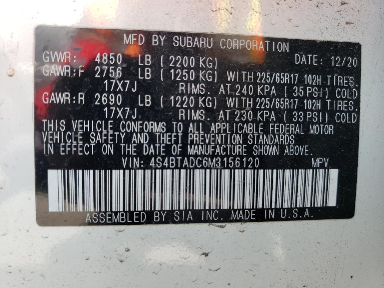 Photo 13 VIN: 4S4BTADC6M3156120 - SUBARU OUTBACK 