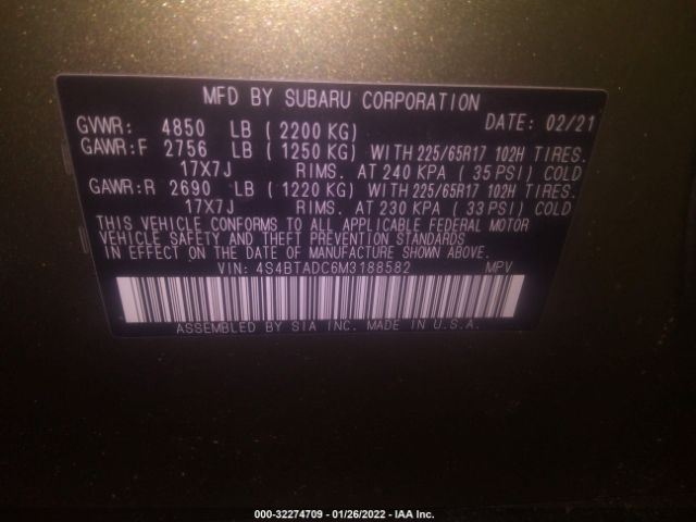 Photo 8 VIN: 4S4BTADC6M3188582 - SUBARU OUTBACK 