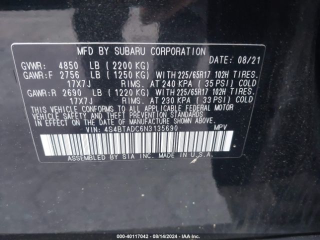 Photo 8 VIN: 4S4BTADC6N3135690 - SUBARU OUTBACK 